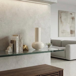 May include: A glass shelf holds a collection of books, a gold geometric sculpture, a tall off-white ceramic vase with a bulbous base, and a small glass bowl containing an air plant. The shelf is mounted against a textured light gray wall.
