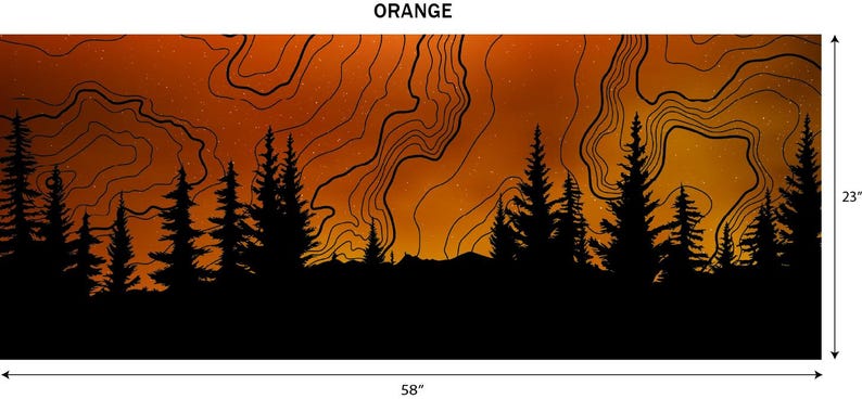 Puede incluir: Impresi&oacute;n art&iacute;stica de paisaje naranja con una silueta de bosque contra un cielo degradado con l&iacute;neas de contorno. La impresi&oacute;n mide 147 cm de ancho y 58 cm de alto, con la palabra "ORANGE" en la parte superior.