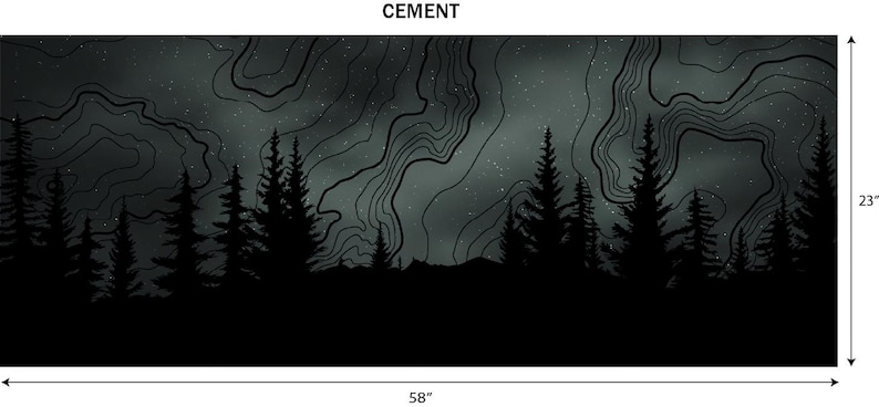 Puede incluir: Un dise&ntilde;o de paisaje en blanco y negro con una silueta de bosque en la parte inferior y un cielo estrellado con l&iacute;neas de contorno. Las dimensiones son 147 cm de ancho y 58 cm de alto.