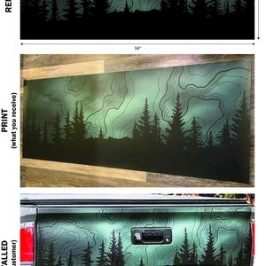Puede incluir: Un dise&ntilde;o de paisaje negro y verde con una silueta de bosque bajo un cielo estrellado, con la palabra "LUNAR" en la parte superior. La impresi&oacute;n mide 147 cm de ancho y 58 cm de alto. El dise&ntilde;o tambi&eacute;n se muestra instalado en un veh&iacute;culo.