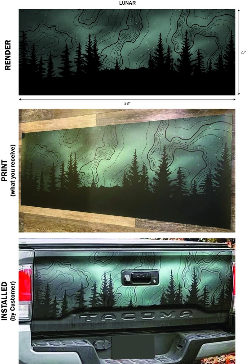 Puede incluir: Un dise&ntilde;o de paisaje negro y verde con una silueta de bosque bajo un cielo estrellado, con la palabra "LUNAR" en la parte superior. La impresi&oacute;n mide 147 cm de ancho y 58 cm de alto. El dise&ntilde;o tambi&eacute;n se muestra instalado en un veh&iacute;culo.