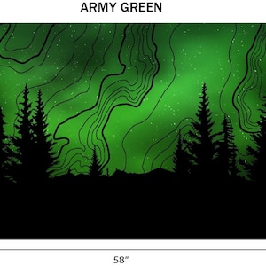 Puede incluir: Obra de arte rectangular verde militar con una silueta de bosque sobre un fondo verde y negro vibrante. La obra mide 147 cm de ancho y 58 cm de alto. El texto "ARMY GREEN" est&aacute; en la parte superior.