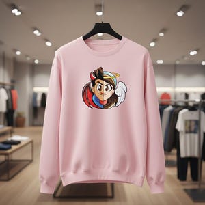 Könnte beinhalten: Hellrosa Sweatshirt mit einem geteilten Gesichtsgrafik: eine Hälfte Teufel mit Rot und Schwarz, die andere ein Engel mit Heiligenschein und weißem Flügel. Das Sweatshirt hängt an einem schwarzen Kleiderbügel in einem Geschäft.