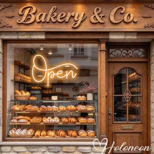 Könnte beinhalten: Ein Ladenlokal mit einem Holzschild mit der Aufschrift Bakery & Co. über einem großen Schaufenster. Im Inneren zeigt ein leuchtendes Neonschild das Wort Open in Schreibschrift. Die Regale sind mit verschiedenen Broten und Brötchen gefüllt.