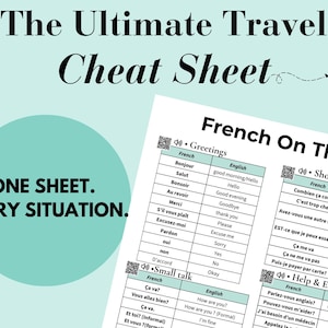 May include: A travel cheat sheet with the text "The Ultimate Travel Cheat Sheet" and "French On The Go". The sheet includes common French phrases with English translations, categorized by greetings, shopping, small talk, and help.