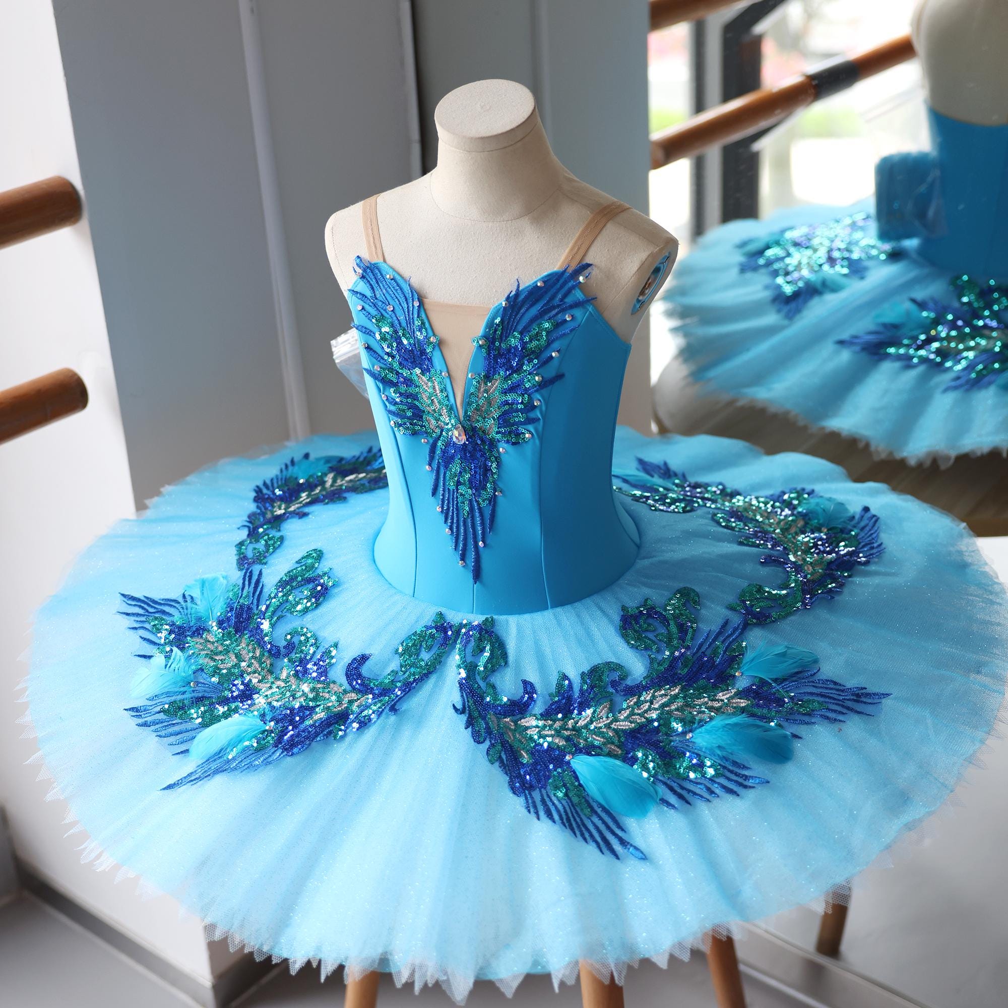 Handmade Peacock Blue Bird Pancake Tutu - Custom Professional Teal Sequin Ballet Costume