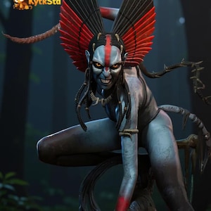 May include: A digital art image of a humanoid figure in a forest setting. The figure has blue skin, red markings, and a headdress with red and black feathers. The figure is in a crouching pose with a menacing expression.