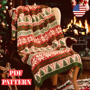May include: A festive Christmas blanket with a repeating pattern of red, white, and green, featuring snowflakes and Christmas trees. The blanket is draped over a chair and appears to be knitted. The words "PDF PATTERN" are visible. Ideal for the holiday season.