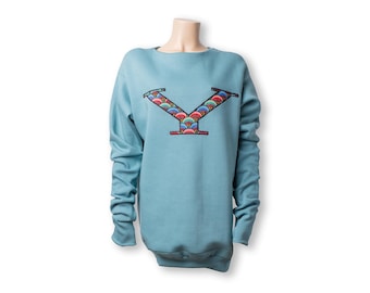 Embroidered Cotton Fleece Sweatshirt: Retro Blue, Puffed Sleeve