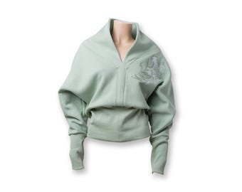 Embroidered Mint Green Cotton Fleece Sweatshirt, High Collar