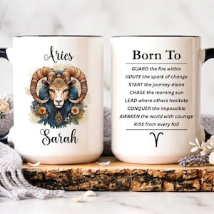Personalized Aries Mug, Custom Name Aries Zodiac Gift, Warrior Fire Sign Birthday Gift for Him or Her, Aries Ram Two-Sided Affirmation Mug