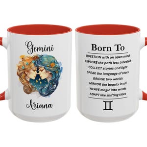 Personalized Gemini Mug, Custom Name Astrology Lover Gift, Twin Sign Zodiac Coffee Cup, The Celestial Birthday Gift, Gemini Affirmation Mug Red