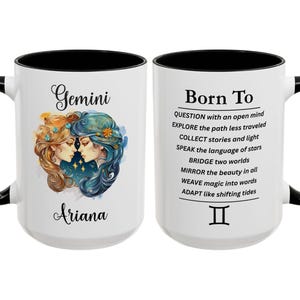 Personalized Gemini Mug, Custom Name Astrology Lover Gift, Twin Sign Zodiac Coffee Cup, The Celestial Birthday Gift, Gemini Affirmation Mug Black