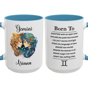 Personalized Gemini Mug, Custom Name Astrology Lover Gift, Twin Sign Zodiac Coffee Cup, The Celestial Birthday Gift, Gemini Affirmation Mug Light Blue