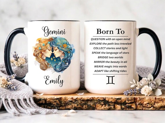 Personalized Gemini Mug, Custom Name Astrology Lover Gift, Twin Sign Zodiac Coffee Cup, The Celestial Birthday Gift, Gemini Affirmation Mug