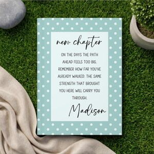 May include: A rectangular journal with a light blue cover featuring a white polka dot pattern. The center white panel displays the text: new chapter, ON THE DAYS THE PATH AHEAD FEELS TOO BIG, REMEMBER HOW FAR YOU'VE ALREADY WALKED. THE SAME STRENGTH THAT BROUGHT YOU HERE WILL CARRY YOU THROUGH. Madison.