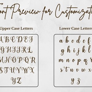 May include: A font preview chart for customization featuring dark brown cursive lettering on a light background. The text reads Font Preview for Customization, Upper Case Letters, and Lower Case Letters, displaying the full alphabet in both cases.