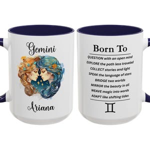 Personalized Gemini Mug, Custom Name Astrology Lover Gift, Twin Sign Zodiac Coffee Cup, The Celestial Birthday Gift, Gemini Affirmation Mug Navy