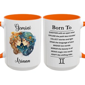 Personalized Gemini Mug, Custom Name Astrology Lover Gift, Twin Sign Zodiac Coffee Cup, The Celestial Birthday Gift, Gemini Affirmation Mug Orange