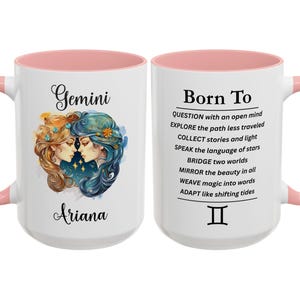 Personalized Gemini Mug, Custom Name Astrology Lover Gift, Twin Sign Zodiac Coffee Cup, The Celestial Birthday Gift, Gemini Affirmation Mug Pink