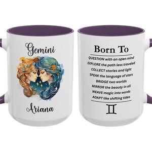Personalized Gemini Mug, Custom Name Astrology Lover Gift, Twin Sign Zodiac Coffee Cup, The Celestial Birthday Gift, Gemini Affirmation Mug Purple