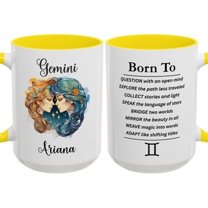 Personalized Gemini Mug, Custom Name Astrology Lover Gift, Twin Sign Zodiac Coffee Cup, The Celestial Birthday Gift, Gemini Affirmation Mug Yellow