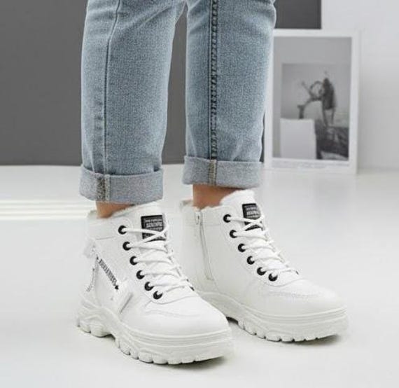 White Winter Ankle Boots, Fur Lined Chunky Platform, Lace Up