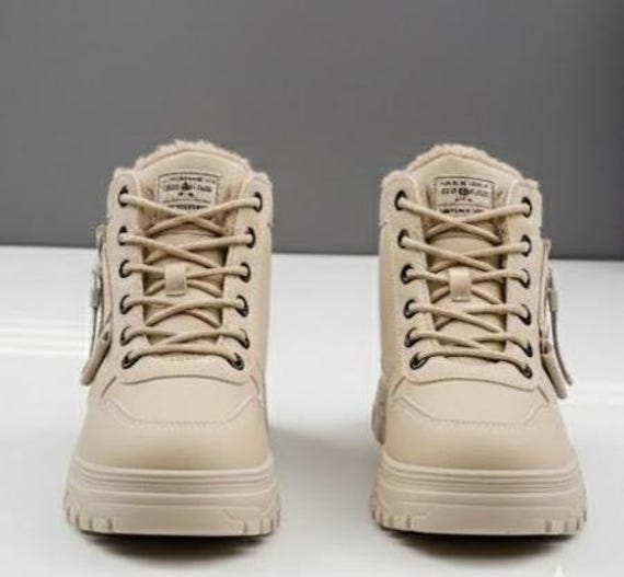 White Winter Ankle Boots, Fur Lined Chunky Platform, Lace Up