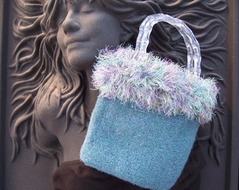Country Blue with Multi Colored Fur Trim Felted Purse
