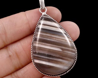 Sulemani Hakik Teardrop Pendant, Sterling Silver Banded Agate Necklace, Boho Protection Stone