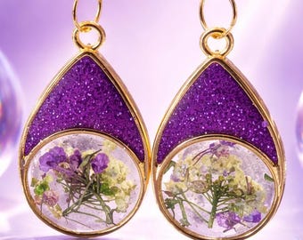 Resin Earrings Oval Purple Glitter with Flowers Accents Wearable Art Handmade USA