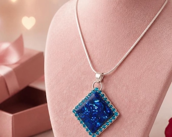 Dichroic Pendant Blue Resin Pendant Necklace, Silver Zinc Alloy Chain, Gift for Mom