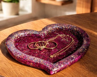Resin tray Heart Shaped Rose Red Chrome Glitter Jewelry Dish