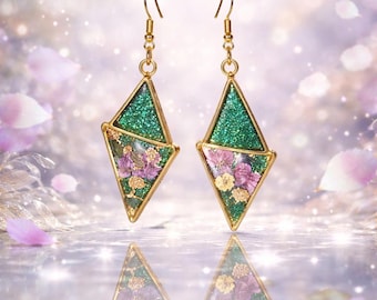 Resin Earrings with Green Resin & Flower Accents in a Gold Setting, Wearable Art Jewelry
