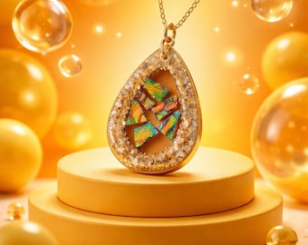 Dichroic Pendant Gold Opal Glitter Resin Pendant Statement Necklace Artisan Handmade Jewelry