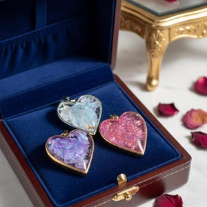 May include: Three heart-shaped pendants with floral inclusions in a wooden jewellery box. The pendants have gold and silver-toned metal frames, with blue, purple, and pink floral arrangements. The box is lined with blue velvet.