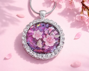 Resin Pendant with Forget Me Not Necklace, Iridescent Floral Statement Jewelry