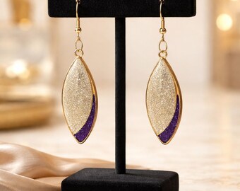 Resin Earrings, Purple and Gold Glitter Accents, Wearable Art, Handmade USA