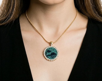 Resin Pendant Green Glitter Iridescent Statement Necklace, Handcrafted Artisan Craft Jewelry Gifts