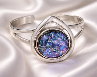 Dichroic Bracelet, Sterling Silver Plated, Handcrafted Iridescent Stained Jewelry, Adjustable Band