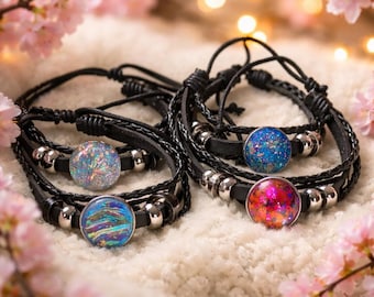 Dichroic Bracelet, Sterling Silver Plated, Adjustable Leather Cord