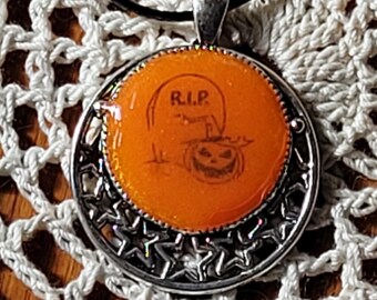 Resin Pendant Necklace Handcrafted Round Halloween Orange Jewelry
