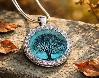 Resin Pendant Handcrafted Blue Green Tree Necklace, Silver Zinc Alloy Chain