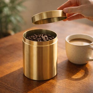 Könnte beinhalten: Ein goldfarbener, zylindrischer Kaffeebehälter mit abnehmbarem Deckel, gefüllt mit dunklen Kaffeebohnen. Eine Hand hebt den Deckel an. Eine beige Kaffeetasse steht in der Nähe auf einer Holzoberfläche.