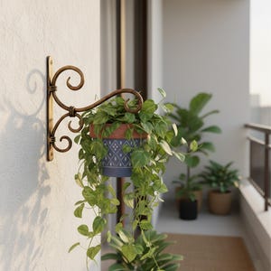 Puede incluir: Un colgador de plantas de metal bronceado y ornamentado con un diseño de volutas decorativas, montado en una pared blanca. Una maceta de cerámica azul y terracota con un patrón geométrico contiene una planta verde colgante. La escena sugiere un balcón o espacio exterior.