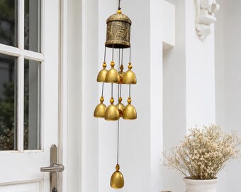 Messing bel windgong met 9 bellen | Traditioneel hangend decor voor huisingang, tempel, balkon en tuin | Elegante gouden afwerking | 56 cm