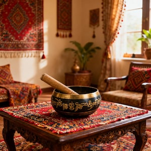 May include: A black and gold singing bowl with etched detailing and a wooden striker sits on a red patterned table. The bowl is the focal point of a cosy living room setting, with ornate rugs and curtains.
