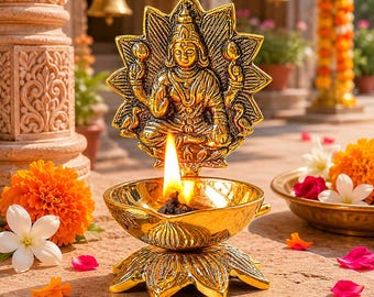 Brass Lakshmi Diya Oil Lamp, Maa Laxmi Idol Diya, Hindu Puja Lamp, Lotus Deepak, Mandir Decor, Diwali Gift, Housewarming Gift
