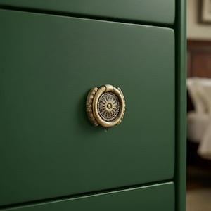Peut inclure: Gros plan sur un tiroir de commode vert foncé avec une poignée décorative en laiton antique. La poignée circulaire présente un motif de soleil et une poignée en anneau.