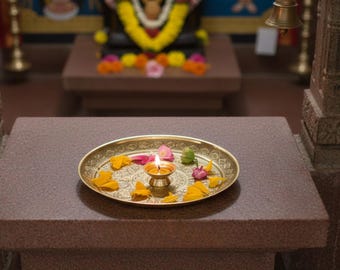 Floral Engraved Brass Puja Thali - Small Hindu Pooja Plate